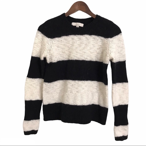 Loft Black Cream Stripe Crew Neck Cotton Wool Knit Blend Sweater Size S/M - Picture 1 of 11